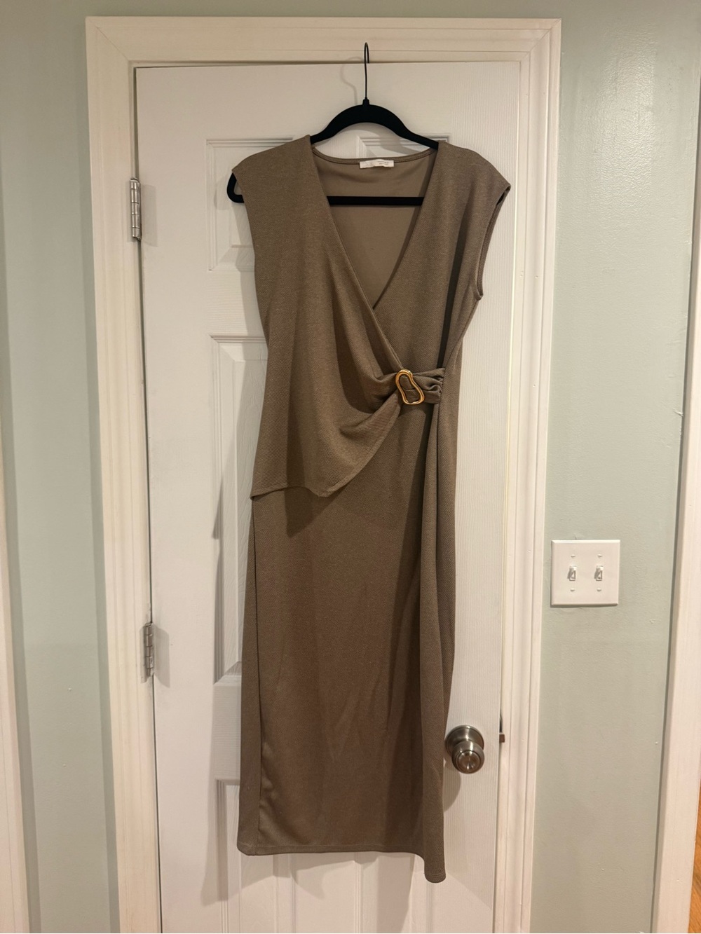 Zara Taupe Wrap-Style Midi Dress with Buckle Detail